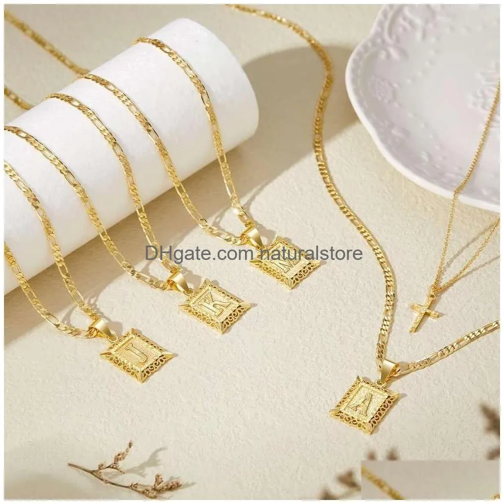 Pendant Necklaces Keloris Path Gold Layered Initial Cross Necklace 14K Plated Layering Square Letter Pendant Figaro Chain Choker From Dhzyo