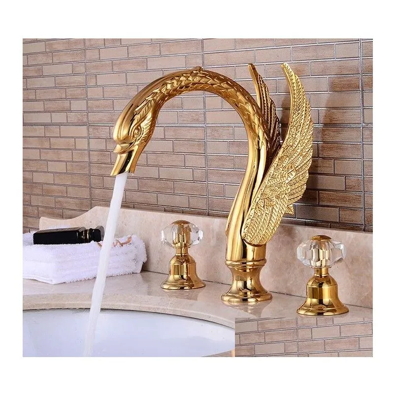 Bathroom Sink Faucets Soild Copper Gold Finish Bathroom Faucet Golden Shape Basin Tap Dual Handle Deck Drop Delivery Home Garden Fauce Dhafy