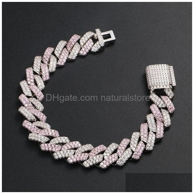 Chain Link Chain Fashion Sier Pink Color Matching Zircon Strip Cuban Bracelet Hip Hop For Men And Drop Delivery Jewelry Bracelets Dhc6W