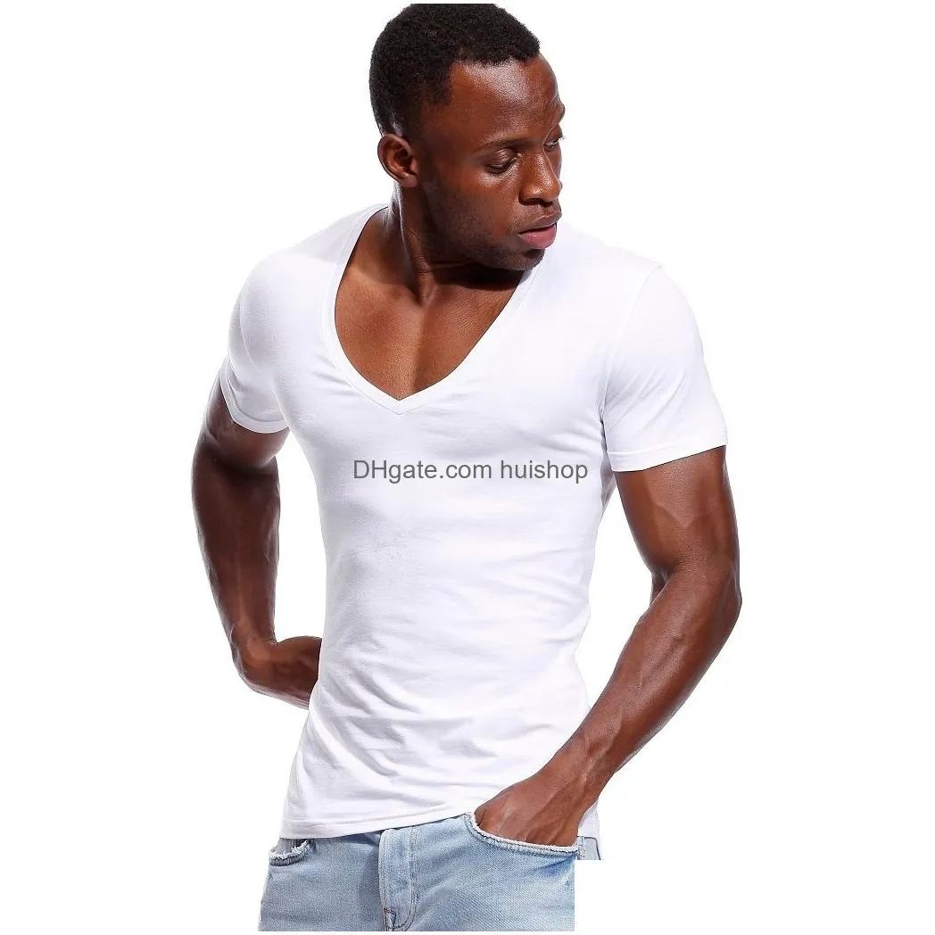 deep v neck t shirt for men low cut vneck wide vee tee male tshirt invisible undershirt model scoop hem slim fit short sleeve mx200508