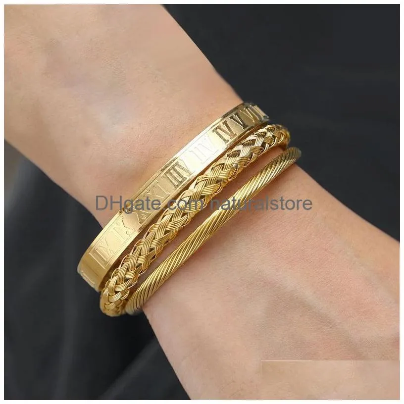 Bangle 3Pcs/Set Royal Roman Bracelets Horseshoe Buckle Bangles For Men Stainless Steel Pseiras Jewelry Accessories4596307 Drop Delive Dh79A