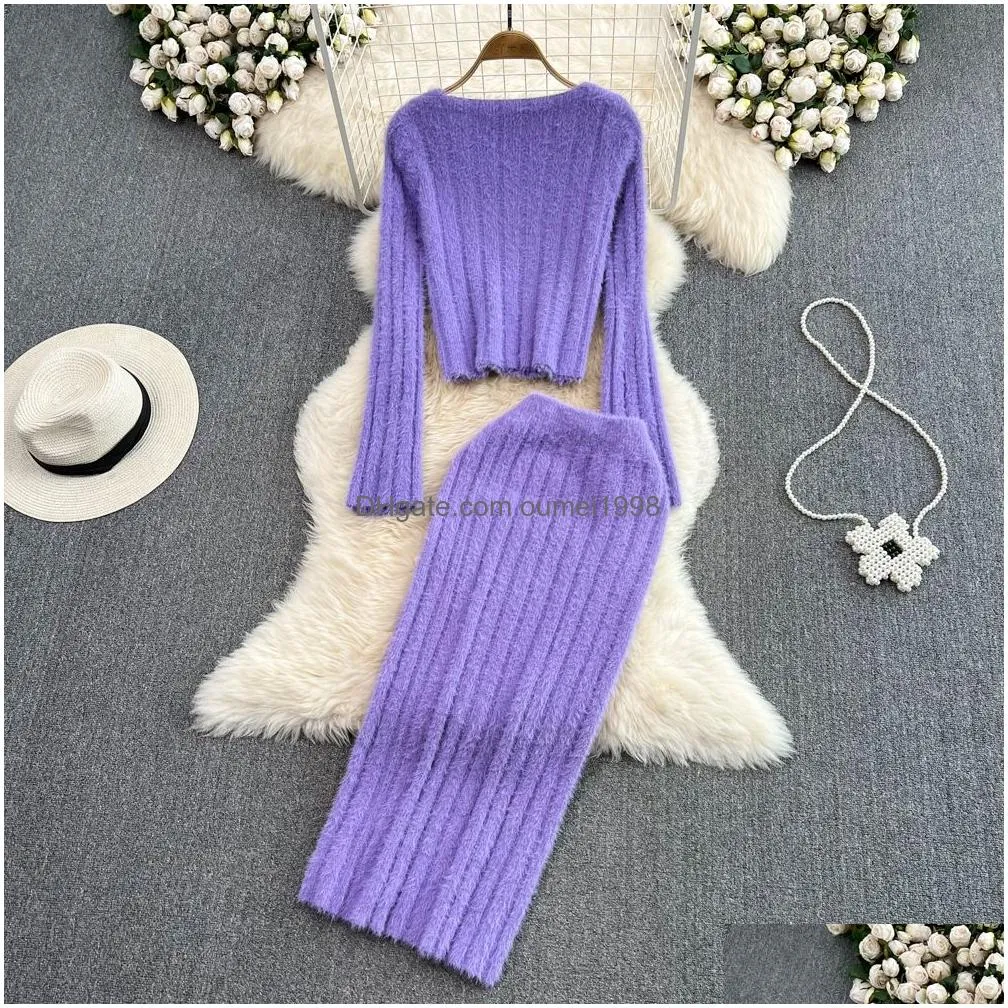 Two Piece Dress Womens Mohair Wool Knitted Square Collar Sweater And Midi Long Skirt 2 Piece Dress Suit Drop Delivery Apparel Women`S Dhxar