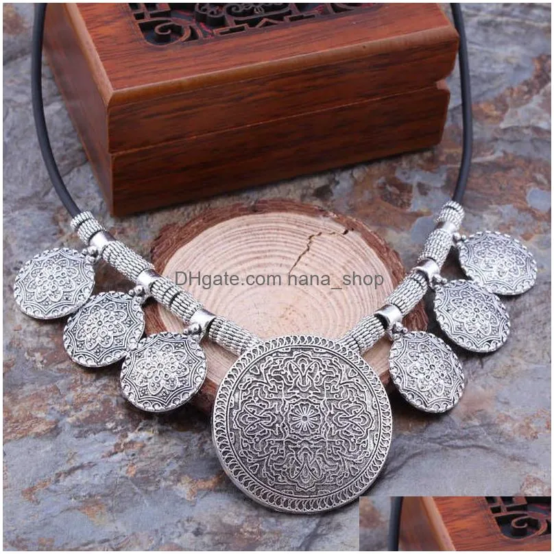 Pendant Necklaces Statement Ethnic Vintage Tibetan Sier Color Necklaces Coin Carved Flowers Round Tassels Pendants For Women2482103 Dr Dhjpk