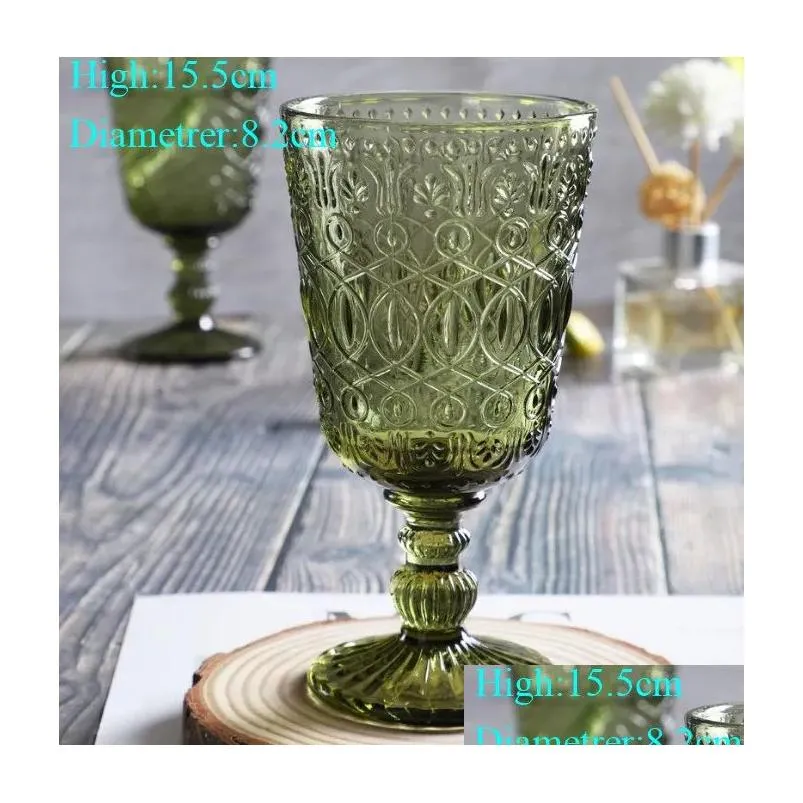 Wine Glasses Wholesale 270Ml European Style Embossed Stained Glass Wine Lamp Thick Goblets 7 Colors Wedding Decoration Gifts A0059 New Dhxct