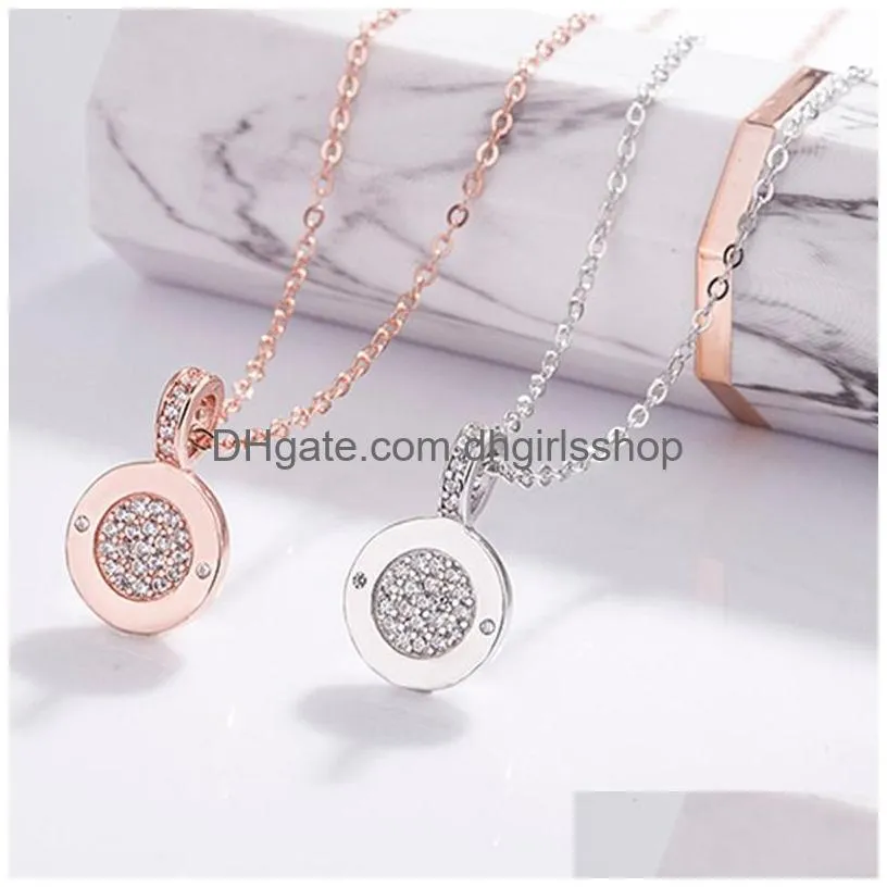 Pendant Necklaces Double Sided Round Pendant Necklaces For Women Rose Gold Luxury Rhinestone 925 Sterling Sier Choker Necklace Fashion Dhxji