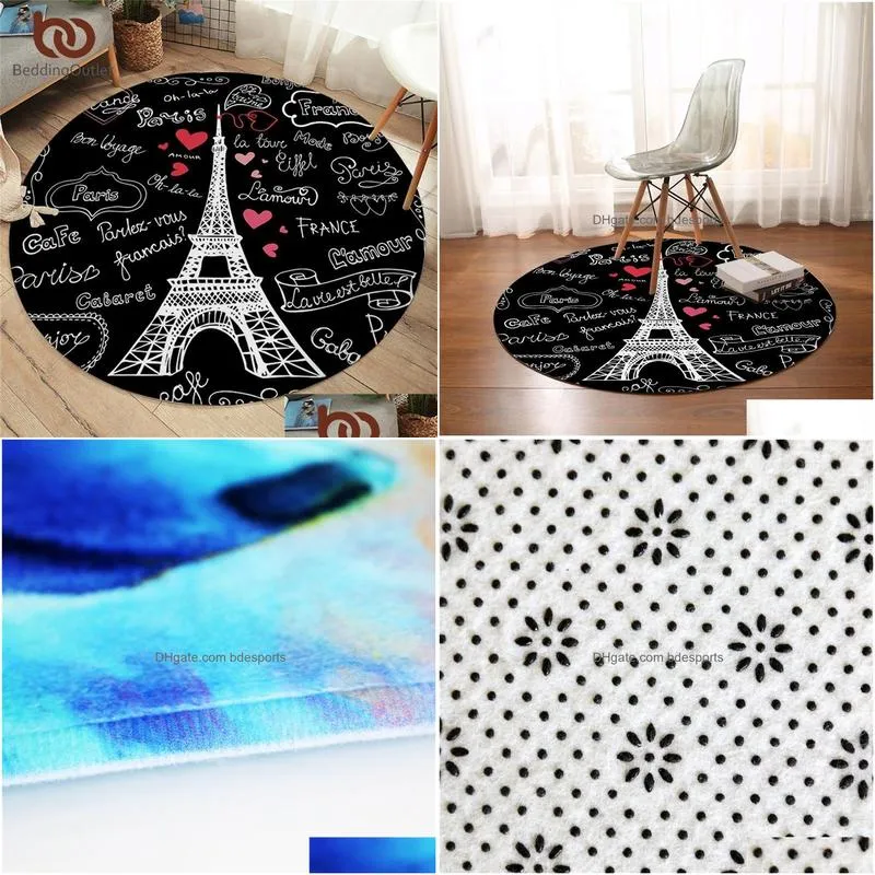 Carpets Beddingoutlet France Paris Tower Round Carpets Letters Print Living Room Area Rug Black And White Floor Kids Play Mat 100Cm 20 Dhecl