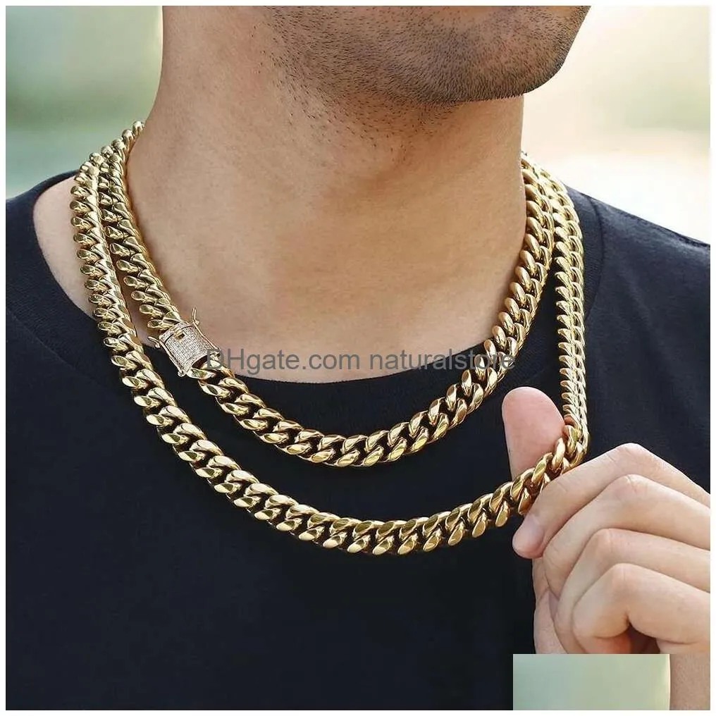 Pendant Necklaces Py Bling 14K Gold Plated Mens Heavy  Cuban Link Chain Choker With Lab Diamond Clasp Stainless Steel Hip Hop Thi Dhuak