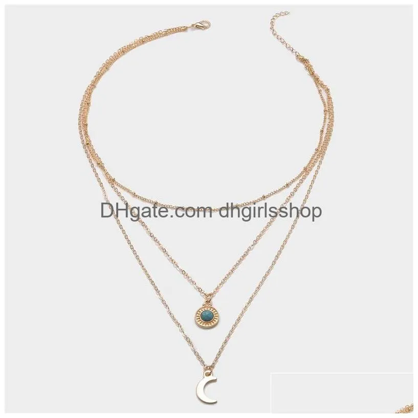 Pendant Necklaces Women Mtilayer Choker Necklaces Turquoise Sun Moon Pendant New Fashion Stone Jewelry Birthday Gifts Link Chain Neckl Dhrcv