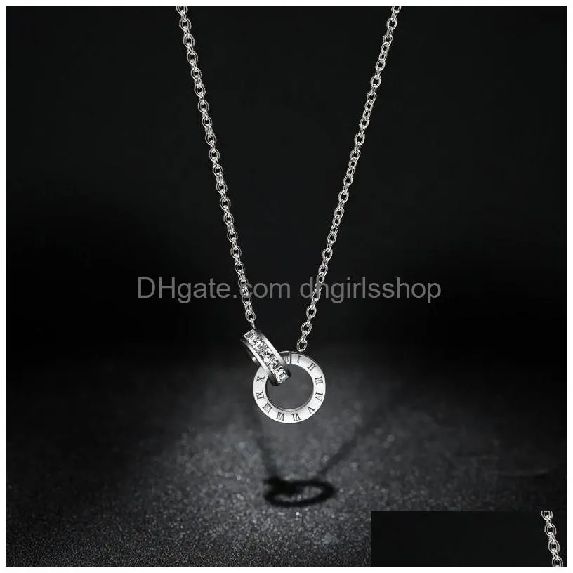 Pendant Necklaces Luxury Roman Numerals Pendant Necklaces Crystal Diamond Rose Gold Sier Fashion Titanium Steel Double Circle Bracelet Dhxtf