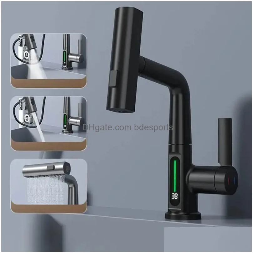 Bathroom Sink Faucets Pling Lifting Digital Display Faucet Smart Temp Tap360 Rotating 5Sprayer Water Saving Cold Washbasin Drop Deliv Dhcfg