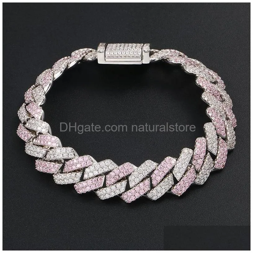 Chain Link Chain Fashion Sier Pink Color Matching Zircon Strip Cuban Bracelet Hip Hop For Men And Drop Delivery Jewelry Bracelets Dhc6W