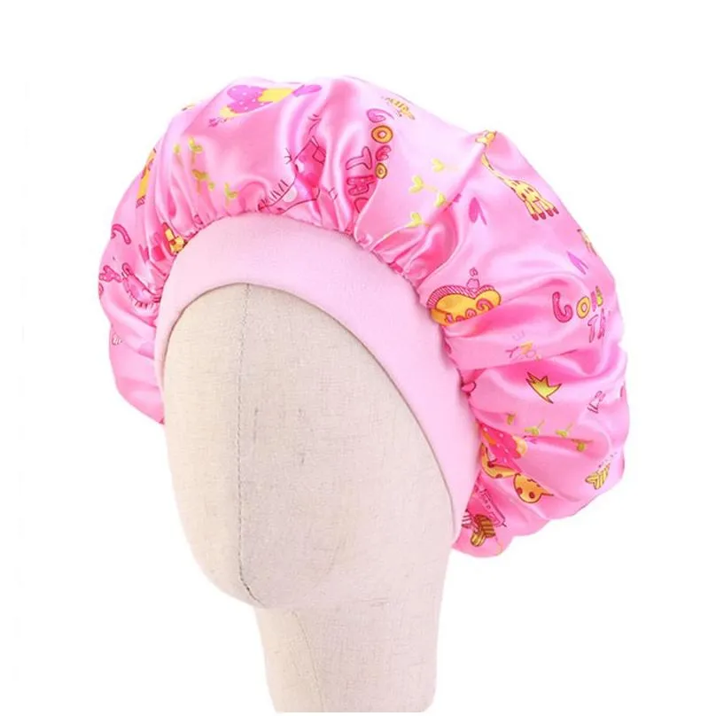 Caps & Hats Fashion Kids Floral Satin Bonnet Girl Night Sleep Cap Hair Care Soft Head Er Wrap Beanies Sklies 6 Colors Drop Delivery Ba Dhlbm