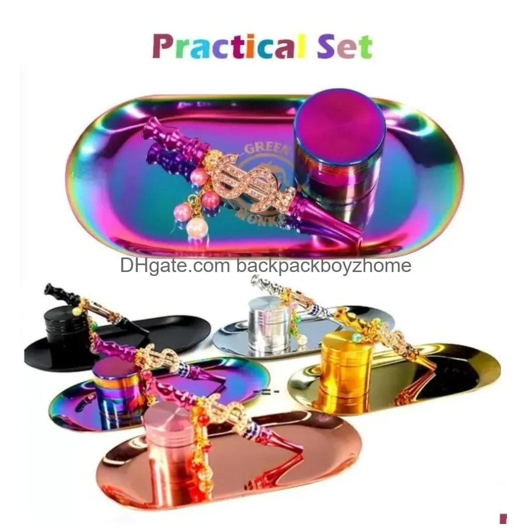 Herb Grinder New Launched Smoking Set Metal Herb Grinder Rainbow Rolling Tray Bling Blunt Holder Shining Kit Gg0531 Drop Delivery Home Dh4Hm
