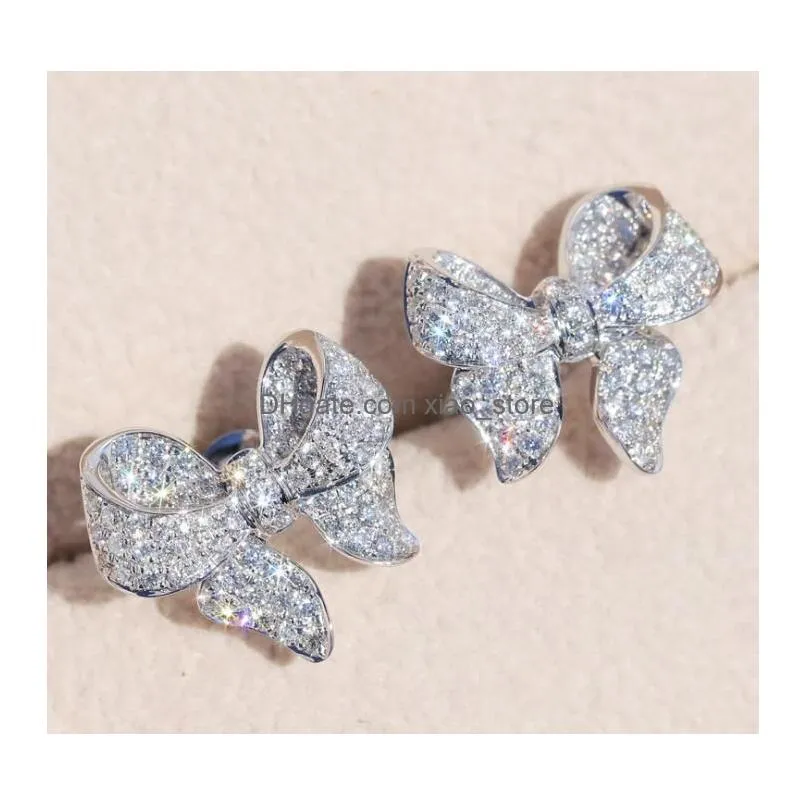 sterling silver sweet bowknot designer stud earrings shining crystal bling diamond luxury cz zircon stone cute earring ear rings earings jewelry for