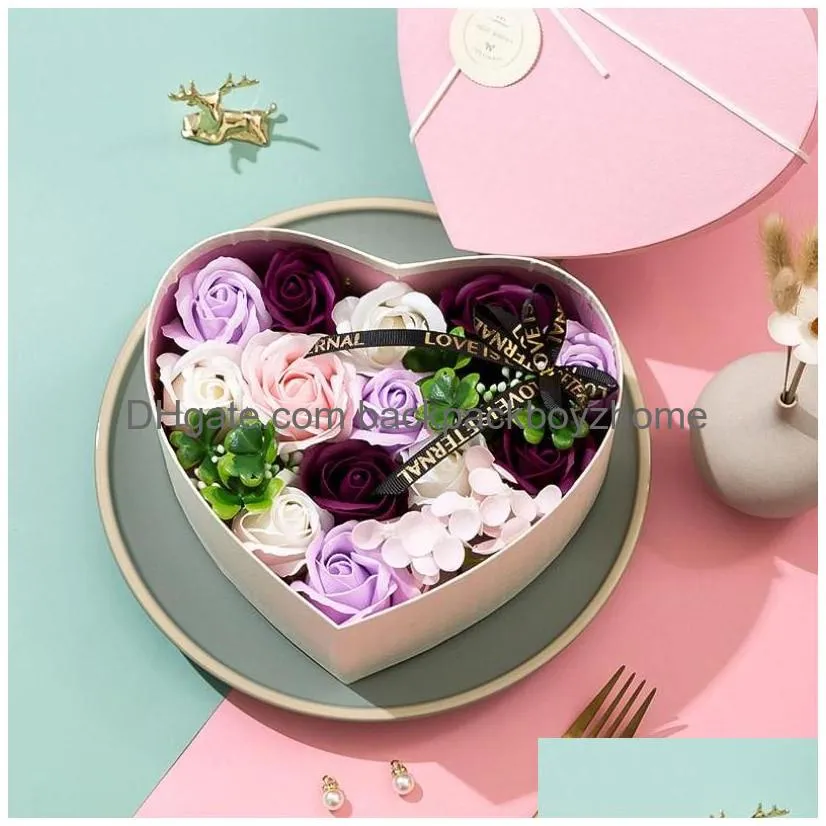 Decorative Flowers & Wreaths Valentines Day Soap Flower Heart-Shaped Rose Flowers And Box Bouquet Wedding Decoration Gift Festival Dro Dhgpe