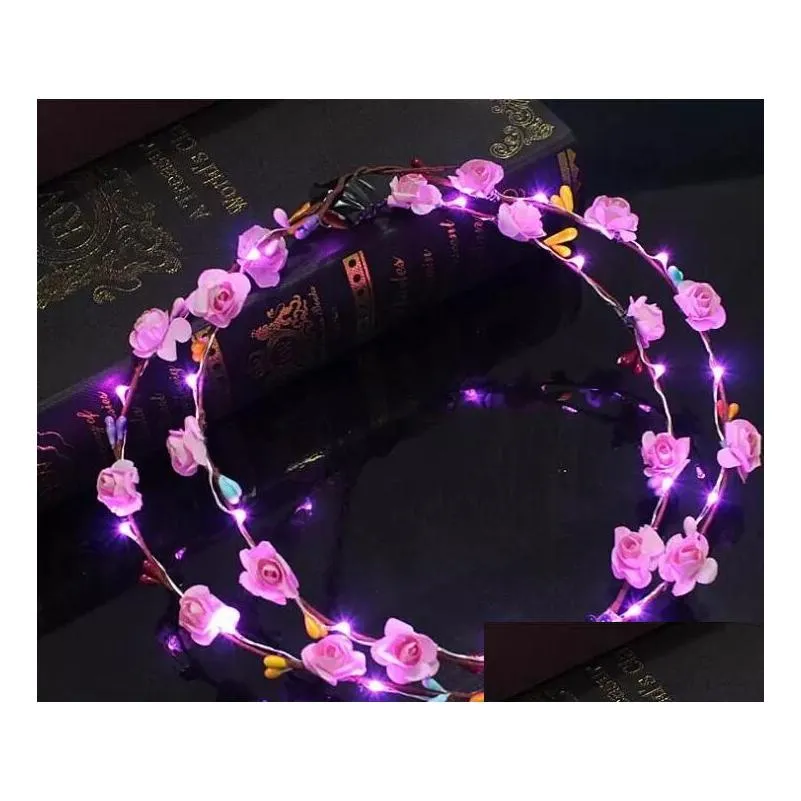 Hair Accessories Flashing Led Glow Flower Crown Headbands Light Party Rave Floral Hair Garland Wreath Wedding Girl Headpiece Drop Deli Dh6Rd