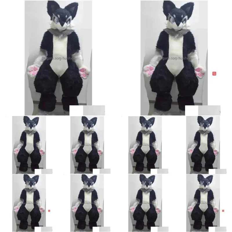 Mascot Black Medium Long Fur Husky Fox Costume Walking Halloween Suit Party Role Play Drop Delivery Apparel Costumes Dhq0B