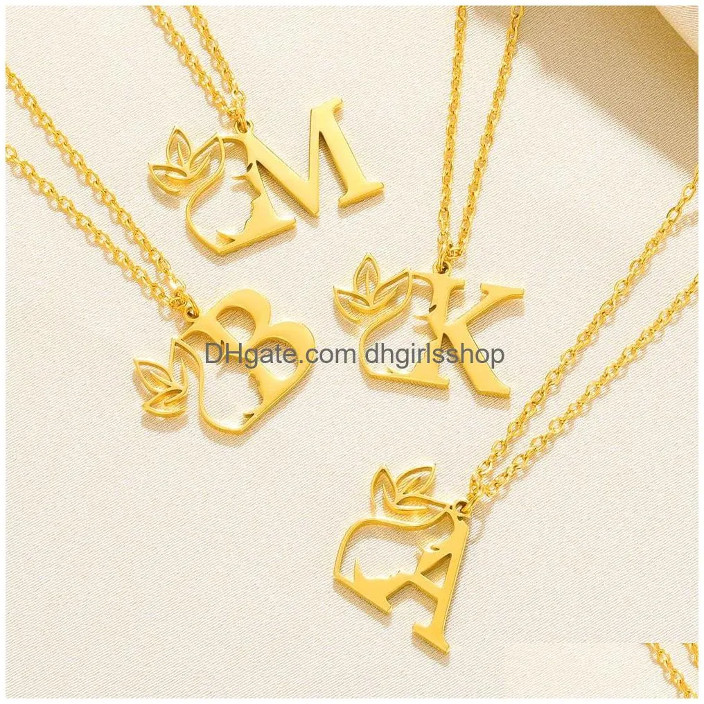 Pendant Necklaces Beauty Flower Initial Necklace Women Girl Gifts Stainless Steel 18K Gold Color Letter Pendant Choker Necklaces Fashi Dh7Zk