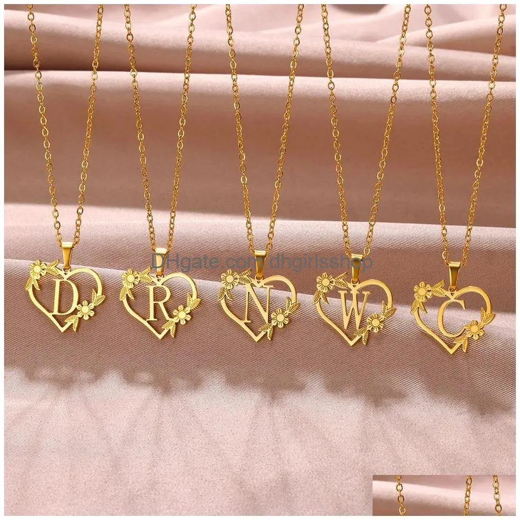 Pendant Necklaces Dainty Flower Initials Necklace For Women Girls 18K Gold Plated Stainless Steel Heart Shape Letter Choker Best Gifts Dhtqp