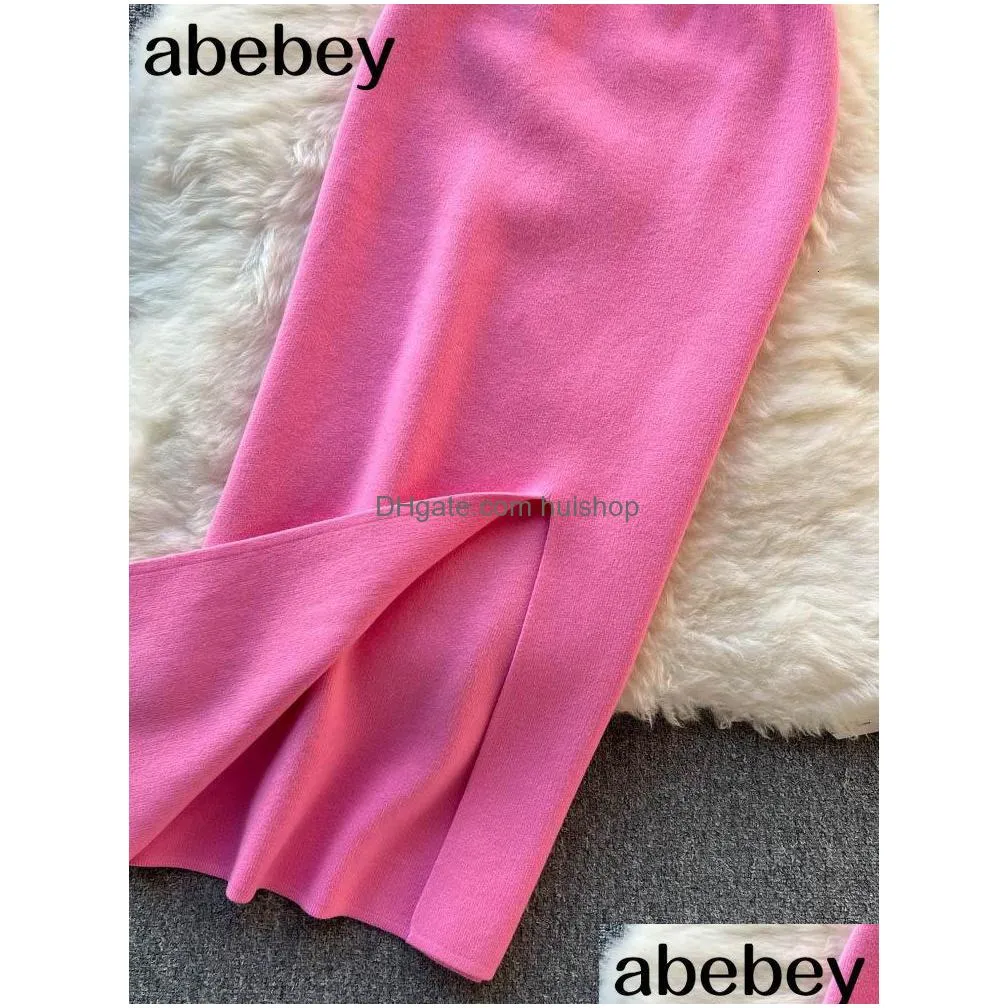 two piece dress pink women knit sets camis sexy short top elastic waist split long skirt fashion solid suits 230104