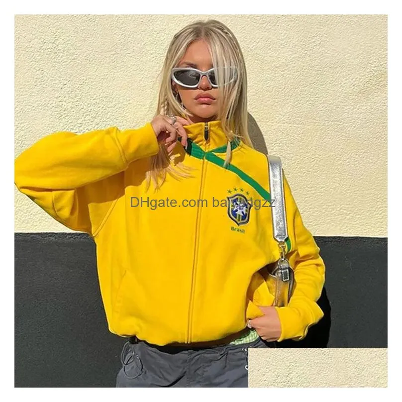 mens hoodies sweatshirts american yellow stand collar sweatshirts y2k street 2000s retro letter embroidery long sleeve zipper brazil hoodie jackets women