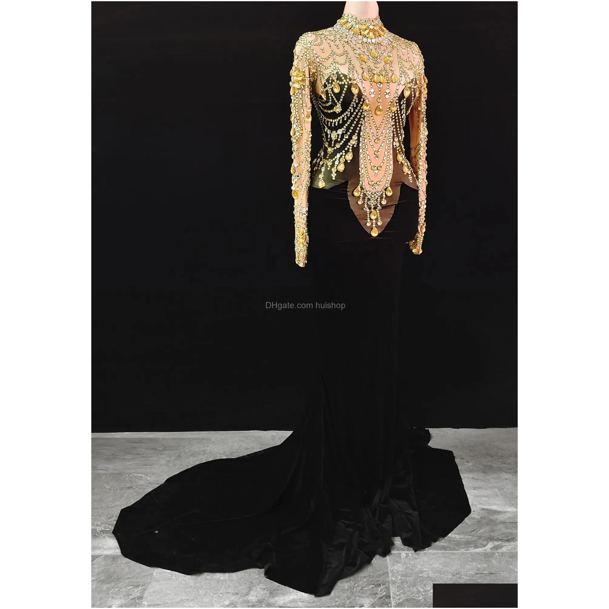 casual dresses high quality elegant black velvet mermaid shining crystal sexy evening long prom club party stage costumes 221121