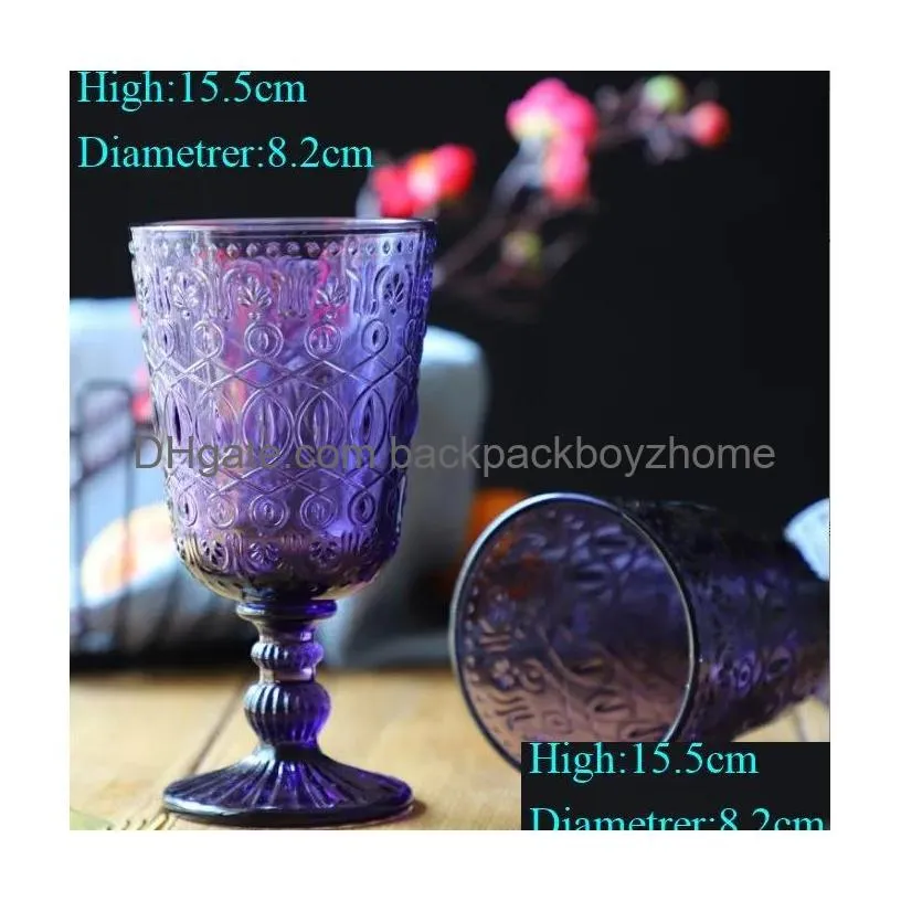 Wine Glasses Wholesale 270Ml European Style Embossed Stained Glass Wine Lamp Thick Goblets 7 Colors Wedding Decoration Gifts A0059 New Dhehk