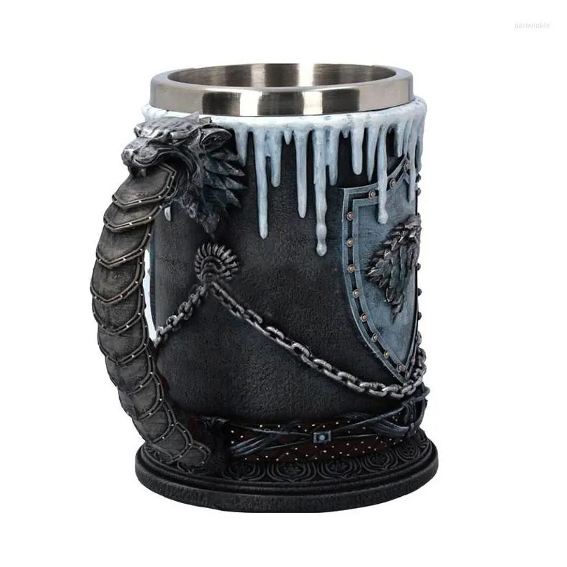Mugs Retro Beer Coffee Cups 3D Gothic Goblet Iron Throne Tankard Stainless Steel Resin Wine Glass Mug Bar Decoration Gift Drop Delive Dhy7O