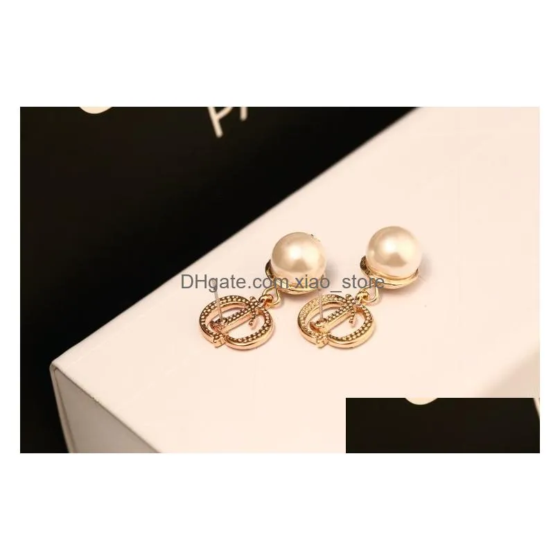 wholesale- fashion luxury designer letter diamond rhinestone pearl 18k gold stud earrings for woman silver pin