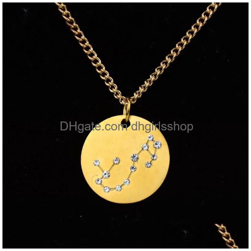 Pendant Necklaces Horoscope Zodiac Pendant Necklace For Women Crystal Gothic Jewelry Gold 12 Constellations Statement Necklaces Round Dhmob