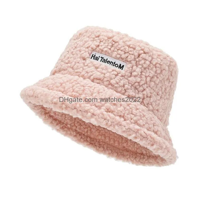 Beanie/Skull Caps Pure Color Bucket Hat Female Winter Lamb Hair Warm Embroidery Letters Fisherman Cap Fashion Shop Tourism Cold Basin Dhhyk
