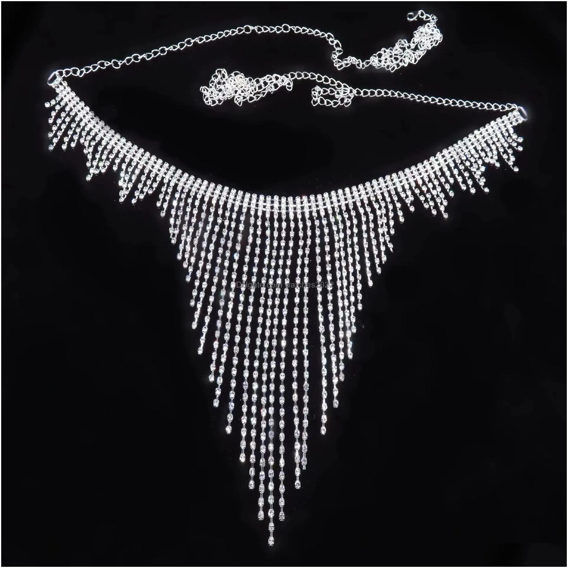 Belly Chains Belts Bling Sier Gold Waist Chain Waistband Women Summer Shirt Dress Wide Metal Rhinestone Tassel Fringe Strap Stretch Y Dhxq3