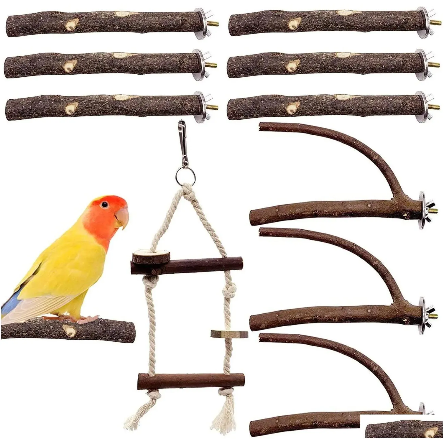 Other Bird Supplies Bird Parrot Perch Stand Set-10 Pcs Natural Wood Parakeet Branch Fork Rod Paw Grinding Stick Cage Accessories For P Dht21