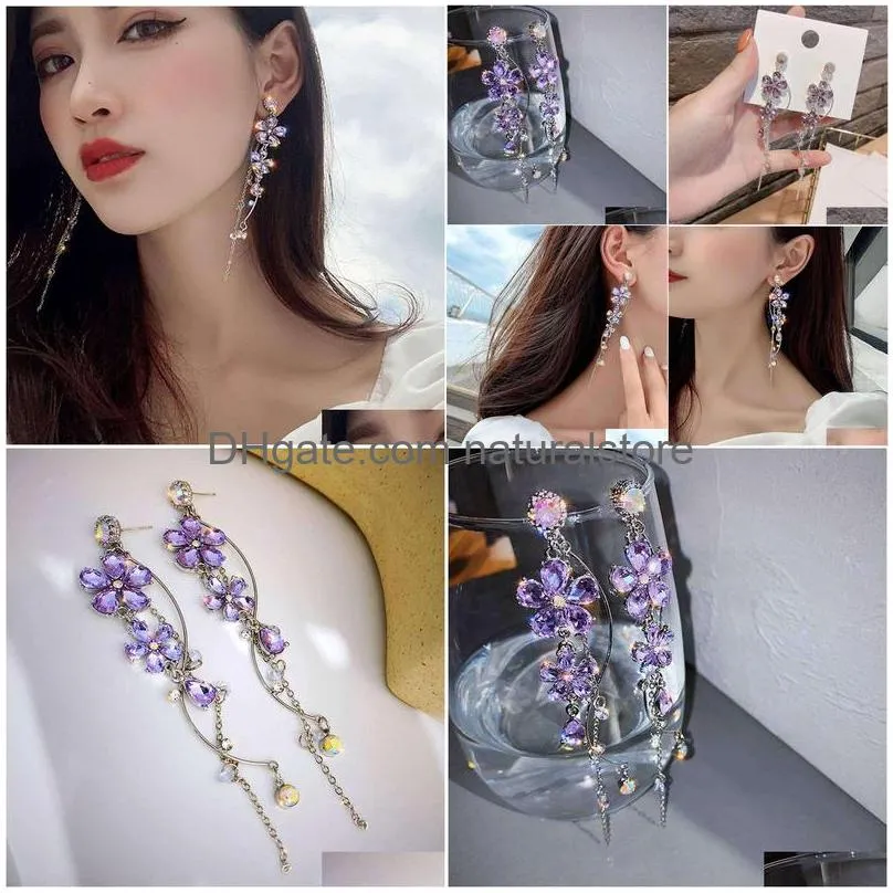 Other Fxmimior Sier Long Flower Earrings Purple Rhinestones Big Dainty Floral Drop Statement Charm Earring Body Jewelry For Women And Dhufe