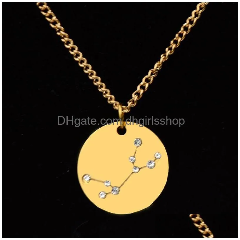 Pendant Necklaces Horoscope Zodiac Pendant Necklace For Women Crystal Gothic Jewelry Gold 12 Constellations Statement Necklaces Round Dhmob