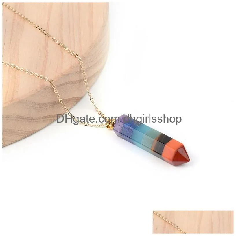 Pendant Necklaces Rainbow Chakra Stone Pendant Necklaces Natural Quartz Reiki Healing Crystal Gemstones Jewelry Gift For Women Hexagon Dhwdp