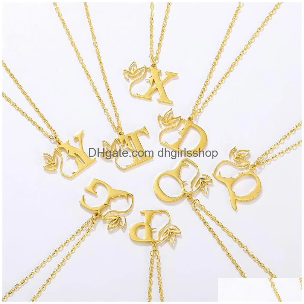 Pendant Necklaces Beauty Flower Initial Necklace Women Girl Gifts Stainless Steel 18K Gold Color Letter Pendant Choker Necklaces Fashi Dh7Zk