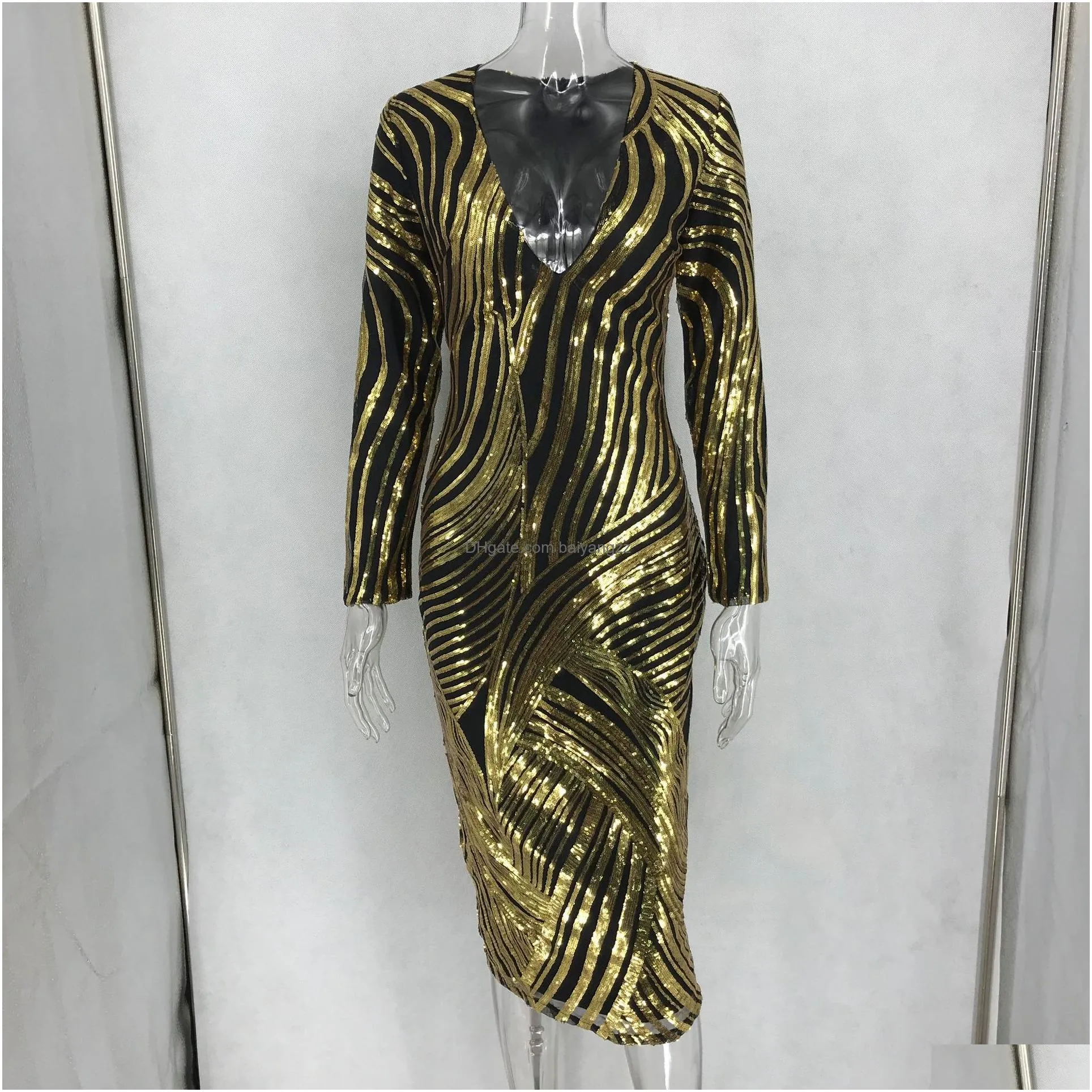 2020 womens party dress european style black gold sequined dress sexy europe and america was thin long-sleeved winter dress 