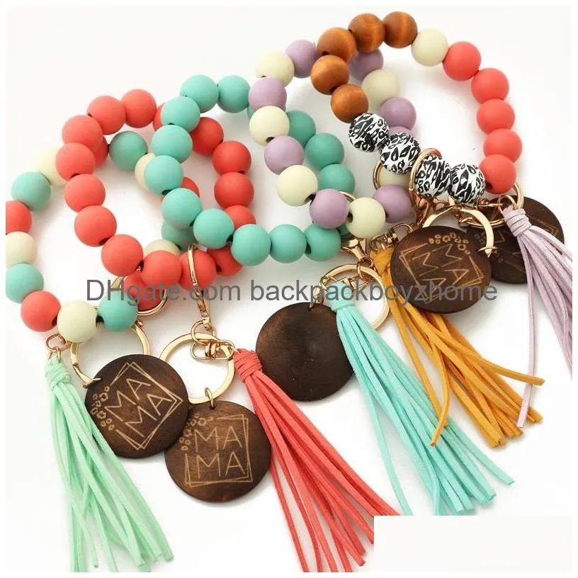 Party Favor Leopard Wood Beads Bracelet Keychain Women Leather Tassel Wristlet Key Chain For Gift Mama Letters Fy2577Gc1129 Drop Deli Dhfqr