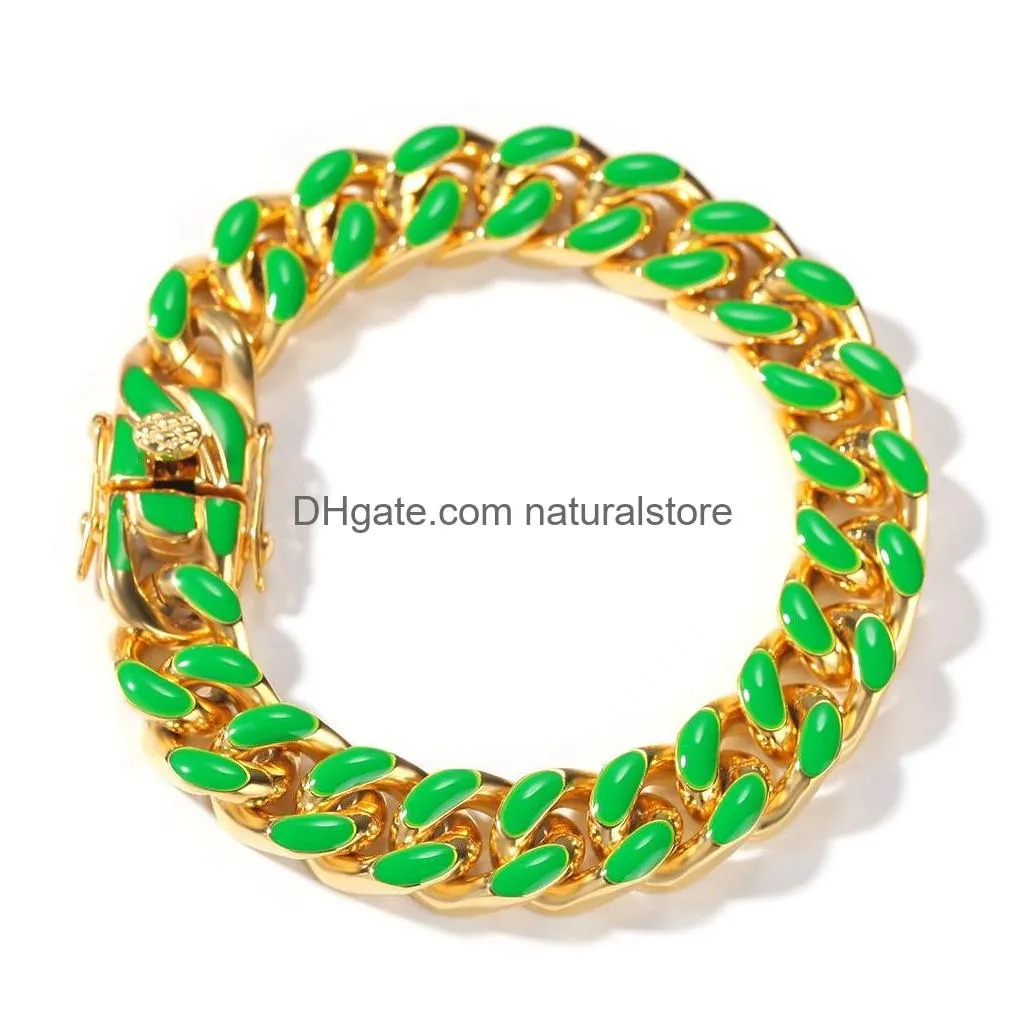 Chain Hip Hop Stainless Steel Cuban Link Bracelet Drop Color Blue Enamel Green White Colorf 12Mm New In Fashion Trend Mens And Womens Dhdgw