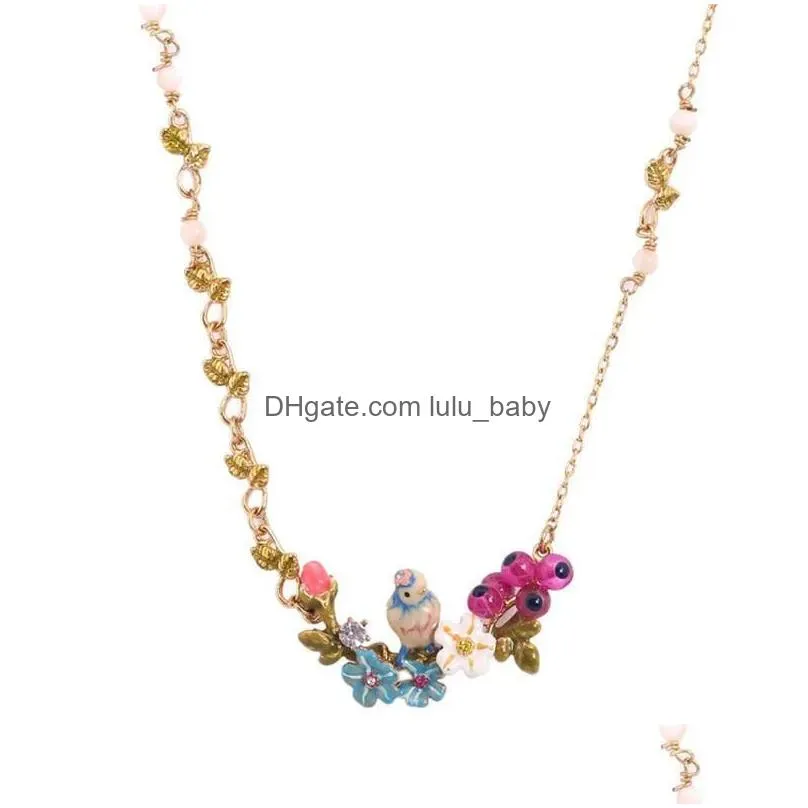 chains fashion enamel glaze threedimensional blue tit bird daisy flower rose necklace branch short chain female jewelry chains