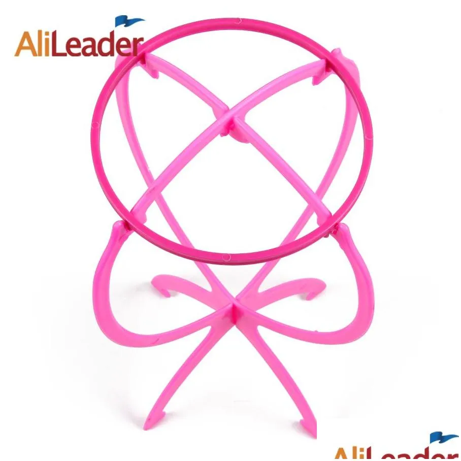 factory selling adjustable plastic wig stand for showing/display wigs pink black color portable folding wig holder stands