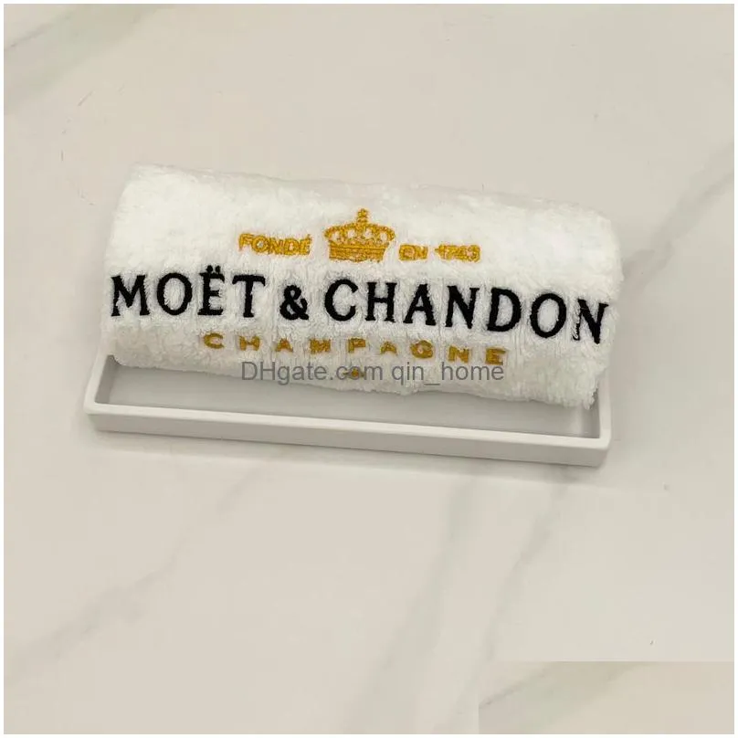 embroidered moet chandon white cotton party service hand towel