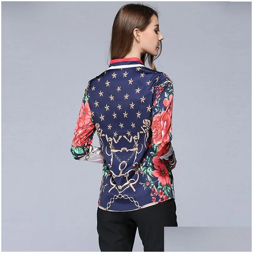 Women`S Blouses & Shirts Willstage Spring Women Shirts Long Sleeve Floral Star Printed Blouse Chiffon Tops Office Ladies Ol Work Wear Dh3Jk