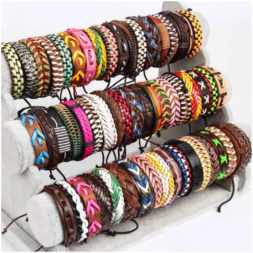 Cuff Wholesale 100Pcs Cuff Leather Bracelets Handmade Genuine Fashion Bracelet Bangles For Men Women Jewelry Mix Colors Brand New Dro Dhrid