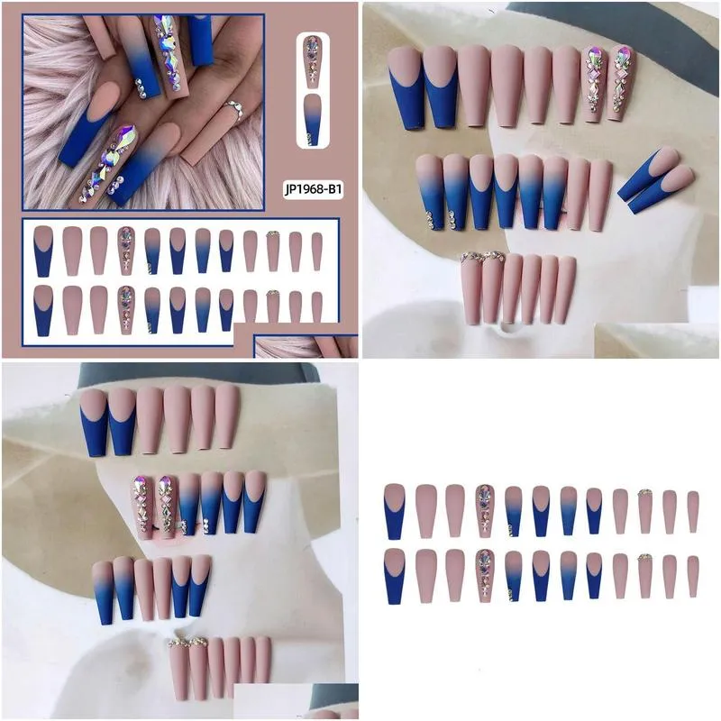 False Nails Nail Piece Super Long Ballet Charm Dark Blue Frosted Diamond Wearing Armor 230515 Drop Delivery Dh7I1