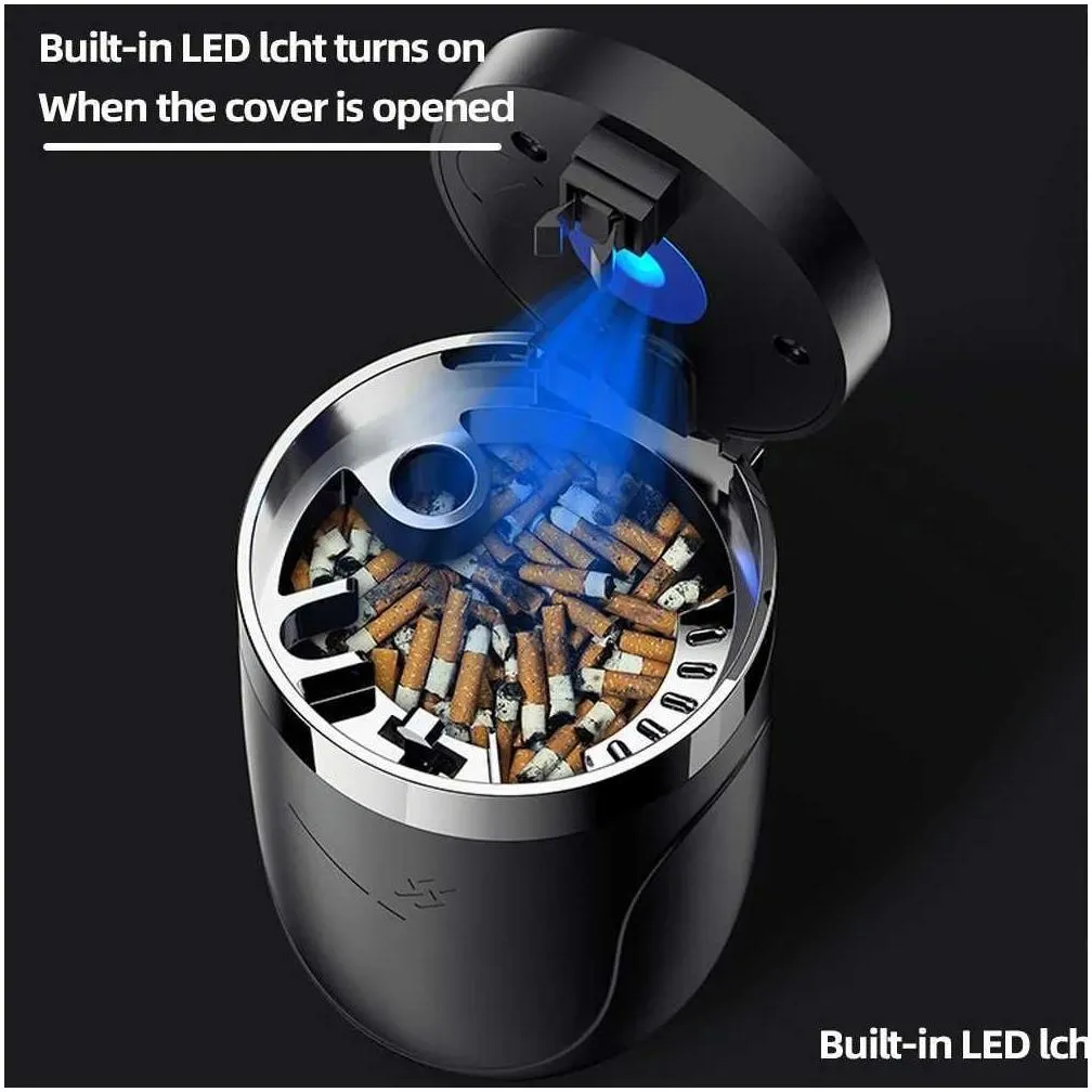 Car Ashtrays Cigarette Ashtray Cup With Lid Led Light Portable Detachable Vehicle Holder Interior Drop Delivery Dhwpc