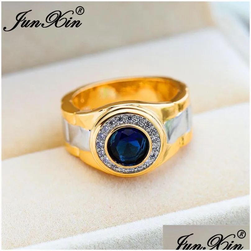 Band Rings Mens Round Blue Stone Wedding Rings For Men Women Yellow Gold Color Promise Engagement Ring Male Boho Zircon Jewelry Cz Dr Dh7Dr