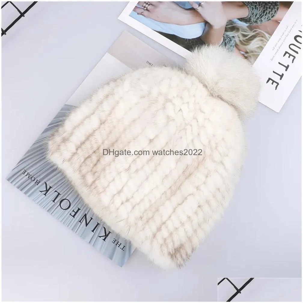 Beanie/Skull Caps Beanieskl Caps 100% Real Mink Fur Hat Women Winter Knitted Beanie Russian Girls Cap With Fox Pom Poms Thick Female E Dhvhw