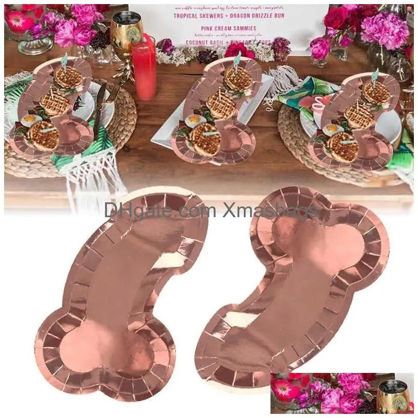  8pcs rose gold penis paper plate bachelorette party supplies bride to be hen night party decoration food tray bridal shower gift